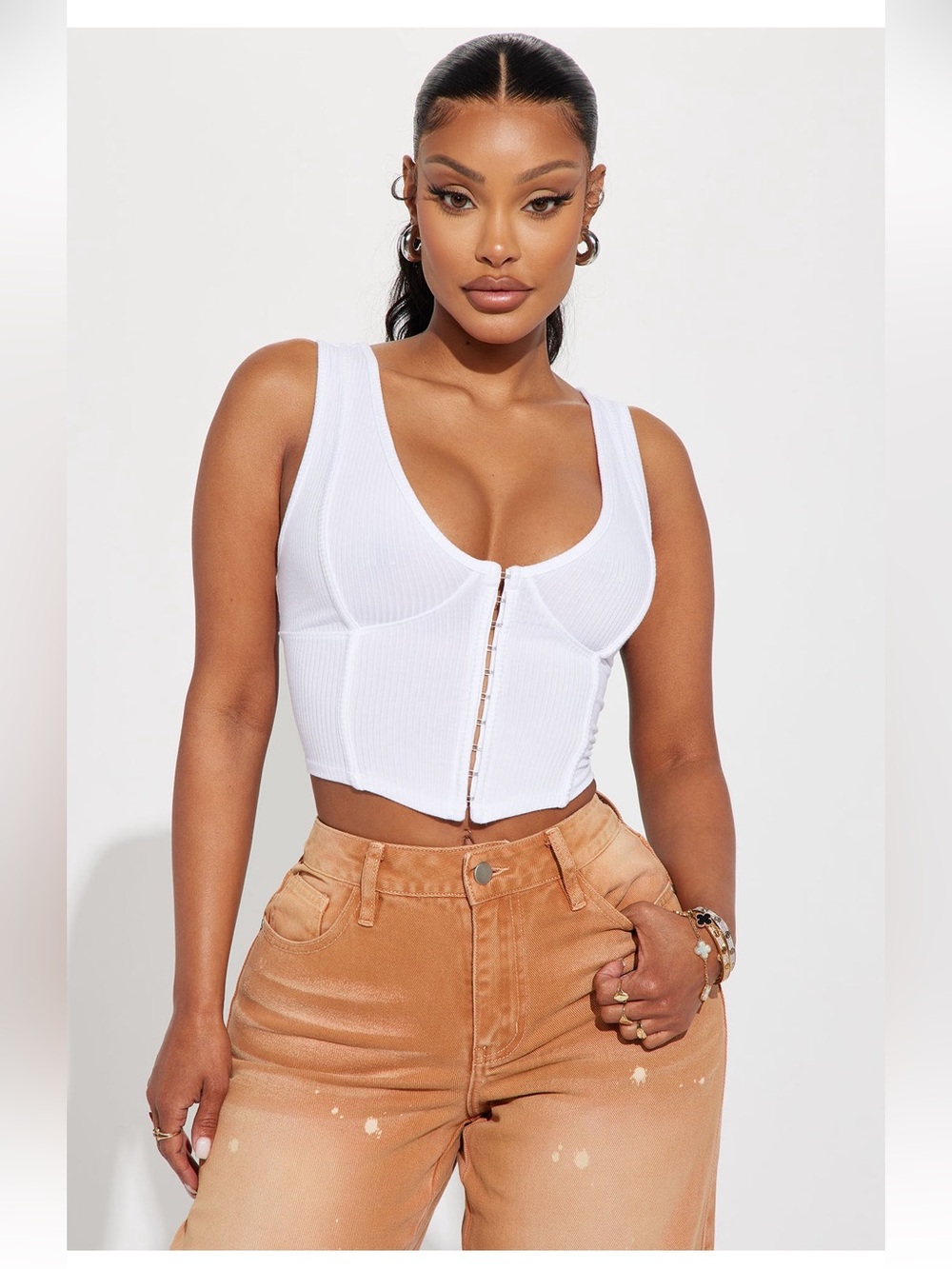 Fashion Nova White Ribbed Hook-Front Cropped Tank